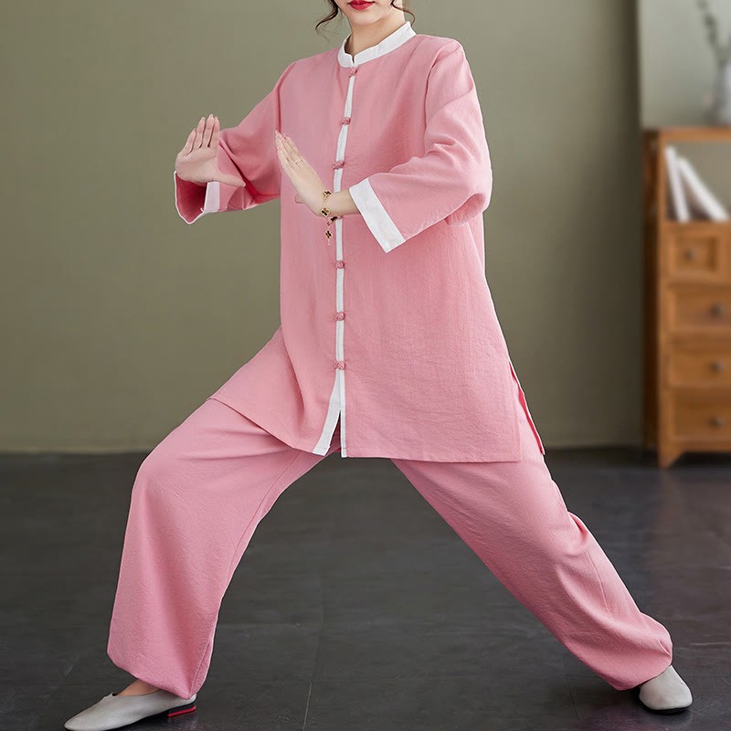 2Pcs Vintage Long Sleeve Shirt Top Pants Meditation Zen Tai Chi Cotton Linen Clothing Women's Set