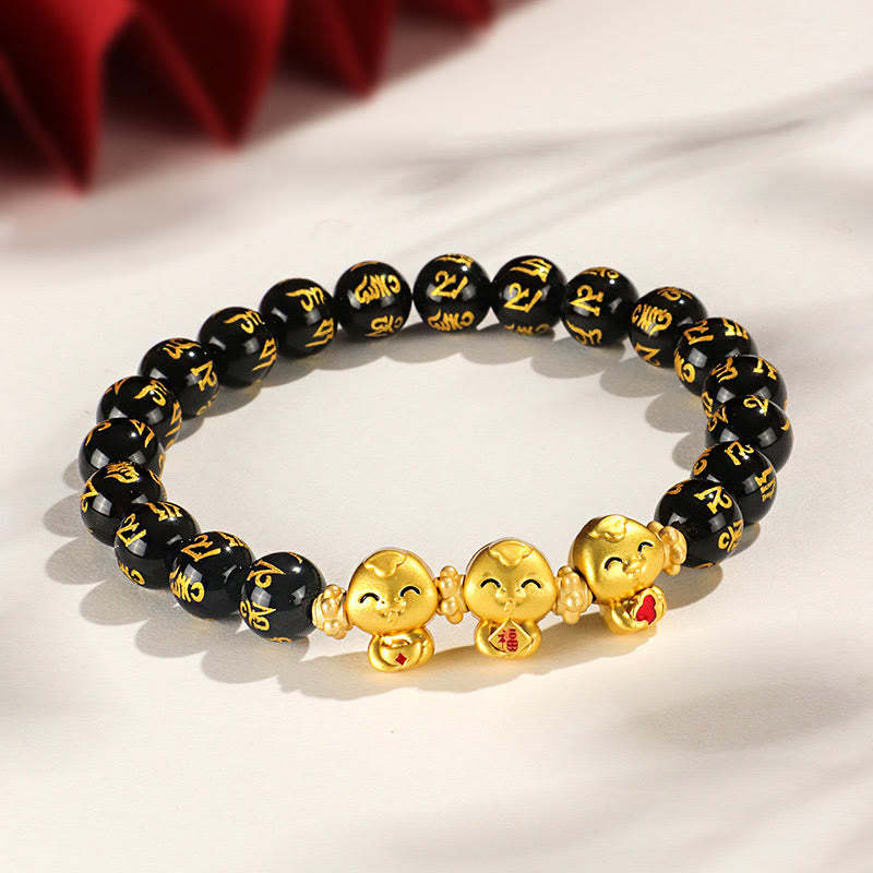 Red Agate Black Onyx Bead Copper Year Of The Snake Fu Character Om Mani Padme Hum Happiness Bracelet