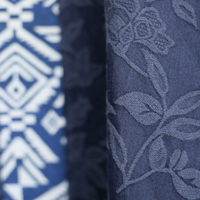 Blue Flowers Embroidery Jacquard Midi Dress Three Quarter Sleeve Cotton Dress With Pockets
