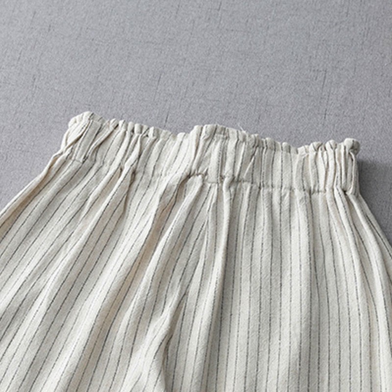 Vertical Striped Cotton Linen High Waist Wide Leg Pants With Pockets