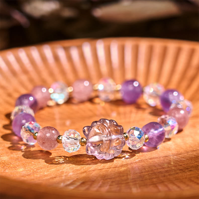 Amethyst Strawberry Quartz White Crystal Nine-tailed Fox Meditation Bracelet