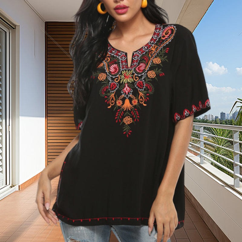 Black Casual Embroidery Flower Design Half Sleeve Notched Cotton Women's T-Shirt