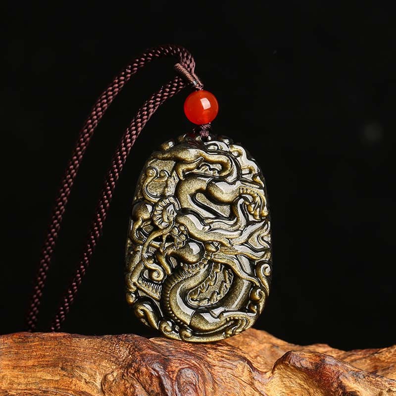 Gold Sheen Obsidian Dragon Pattern Success Necklace Pendant