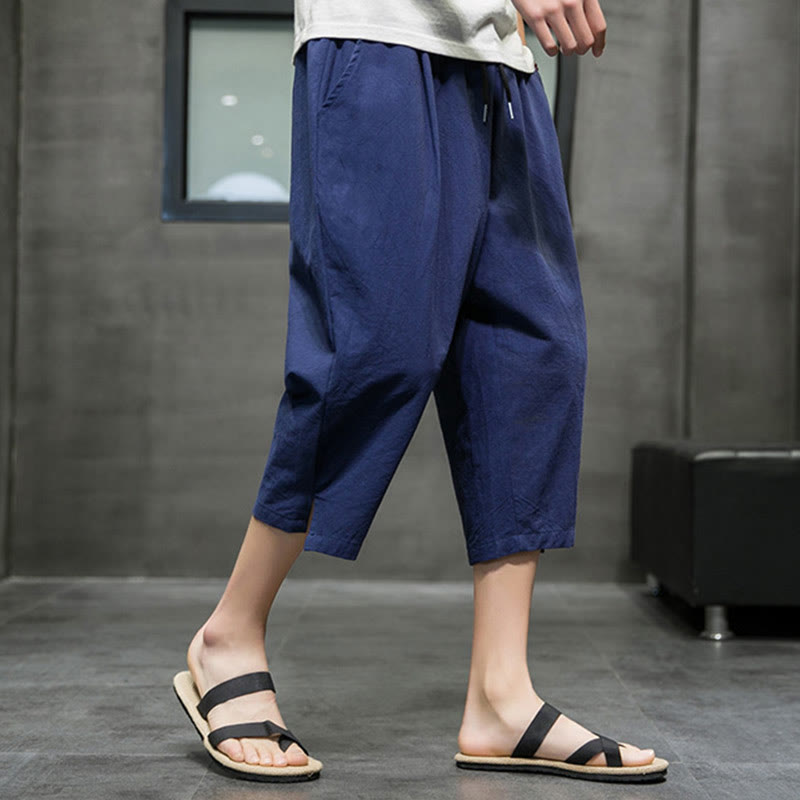 Summer Men's Linen Drawstring Cropped Pants With Pockets