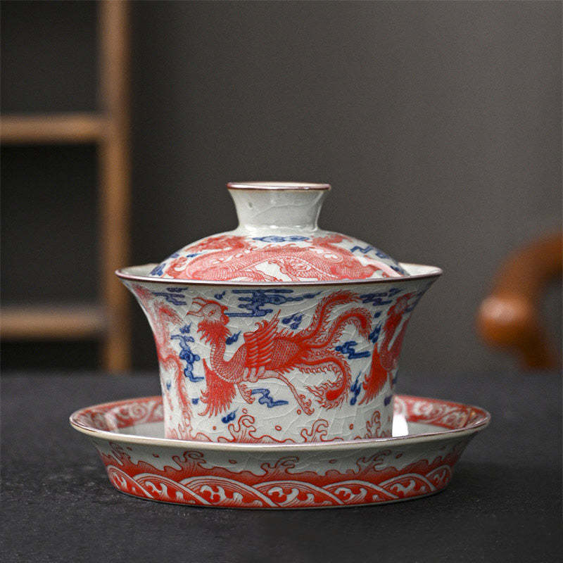 Jingdezhen Dragon Phoenix Pavilion Pine Flower Ceramic Gaiwan Sancai Teacup Kung Fu Tea Cup And Saucer With Lid 170ml