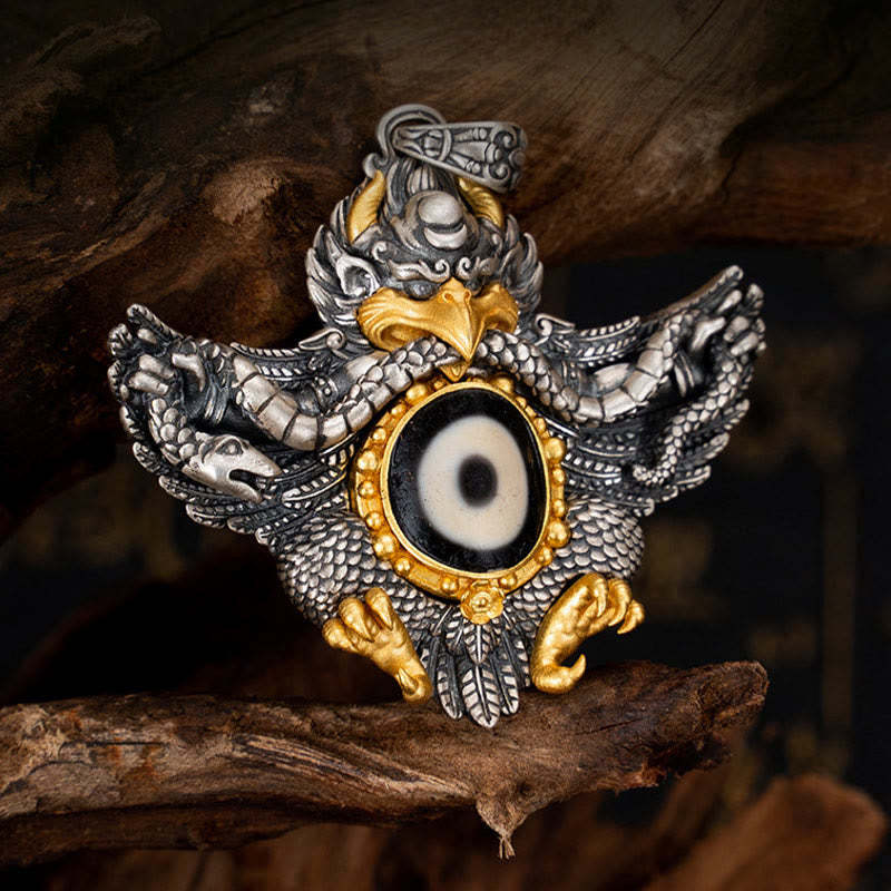 925 Sterling Silver Tibet Garuda Bird Dzi Bead Protection Necklace Pendant