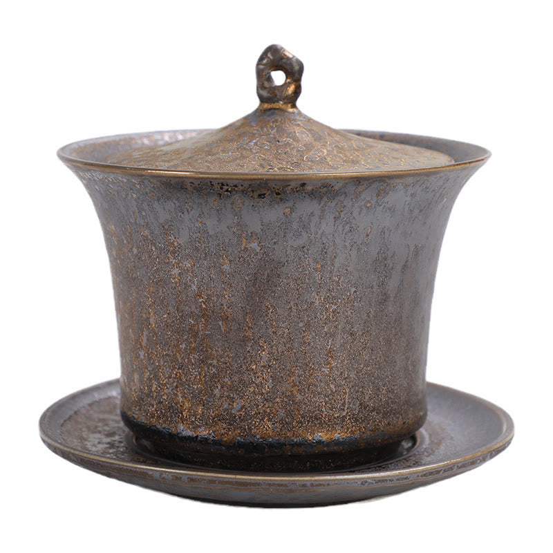 Retro Rust Glaze Ceramic Gaiwan Sancai Teacup Kung Fu Tea Cup And Saucer With Lid