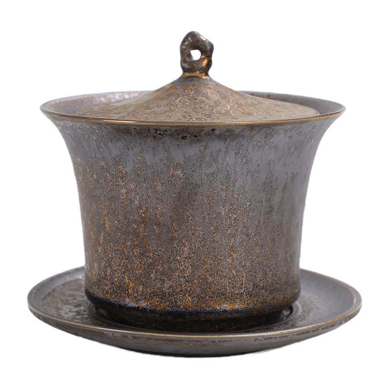 Retro Rust Glaze Ceramic Gaiwan Sancai Teacup Kung Fu Tea Cup And Saucer With Lid