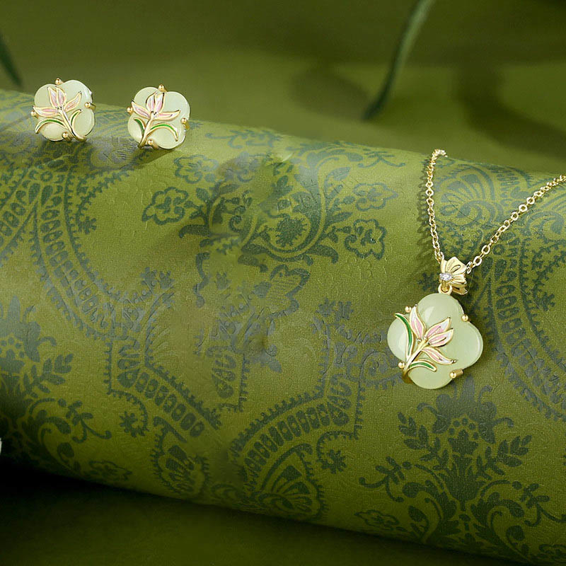 925 Sterling Silver Magnolia Butterfly Hetian Jade Four Leaf Clover Blessing Earrings Necklace Pendant