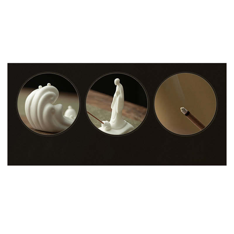 mystic zen Monk Ceramic Sea Wave Mountain Blessing Incense Burner Decoration