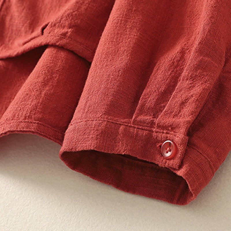 Casual Women's Loose Standing Collar Long Sleeve Design Plain Cotton Linen Shirt