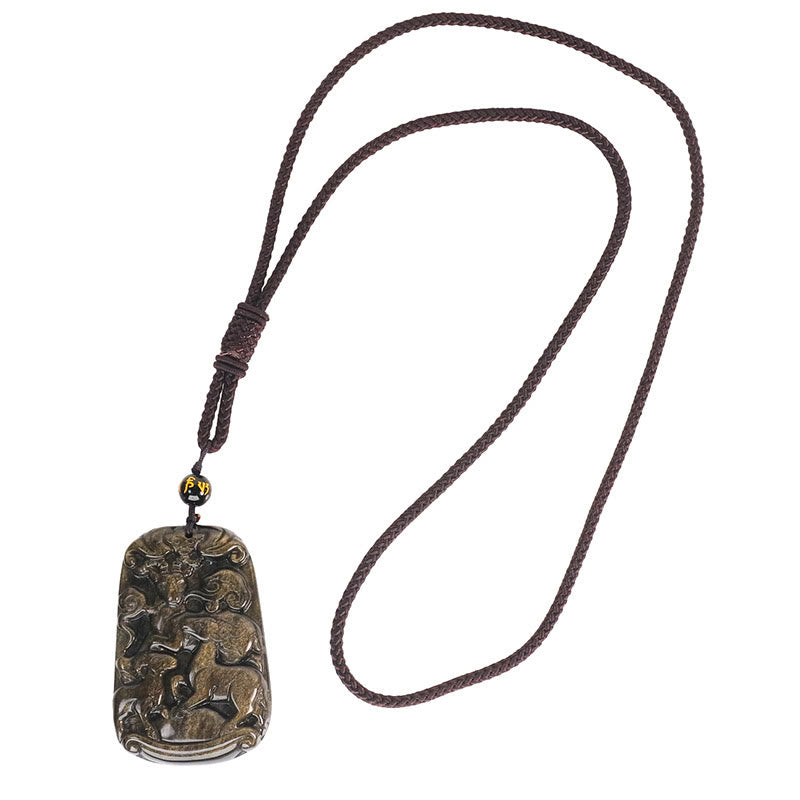 Gold Sheen Obsidian Three Goats Bring Good Luck Pattern Wealth Necklace Pendant