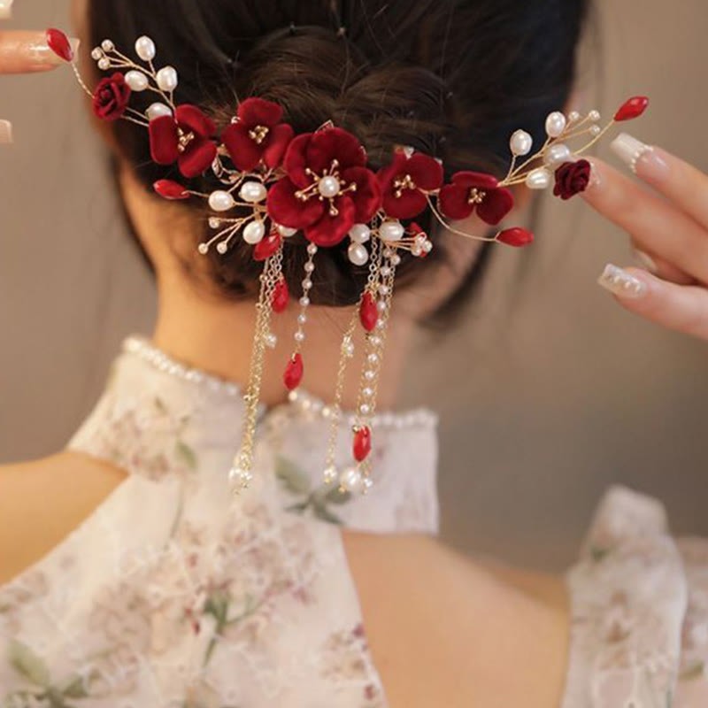 Chinese Oriental Wedding Bridal Red Rose Hair Clip