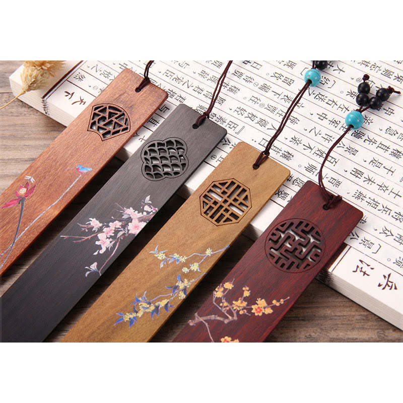 4Pcs Four Seasons Plum Orchid Bamboo Chrysanthemum Peking Opera Mask Wood Bookmarks With Gift Box