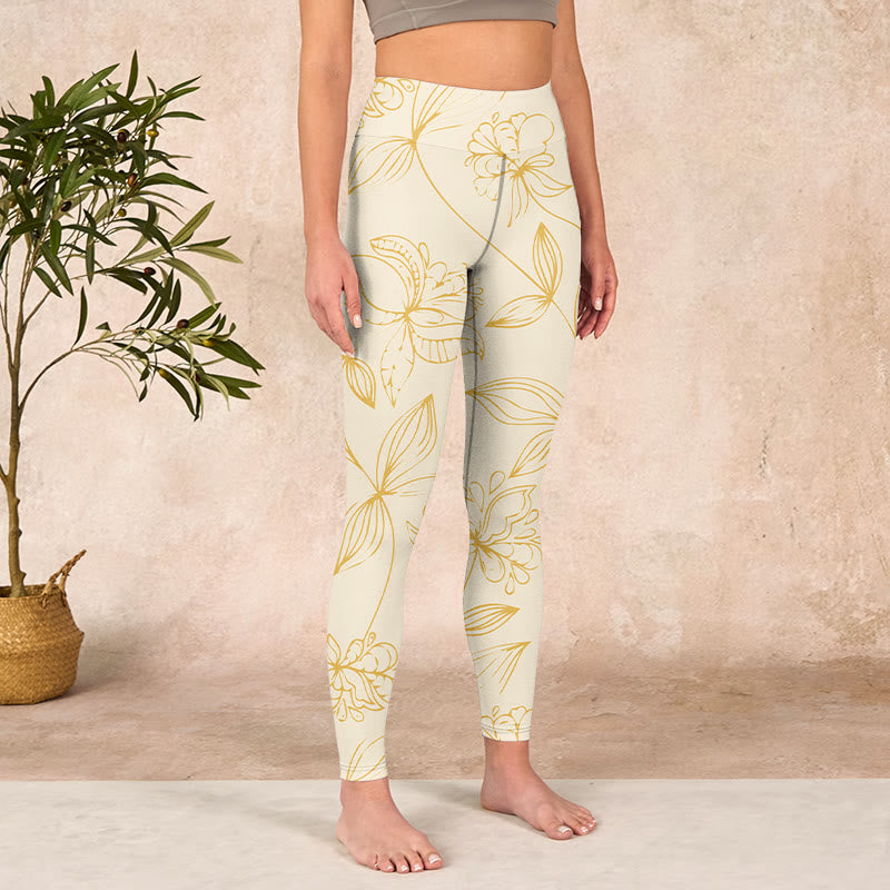Beige Flower Vine Print Gym Leggings Women's Yoga Pants