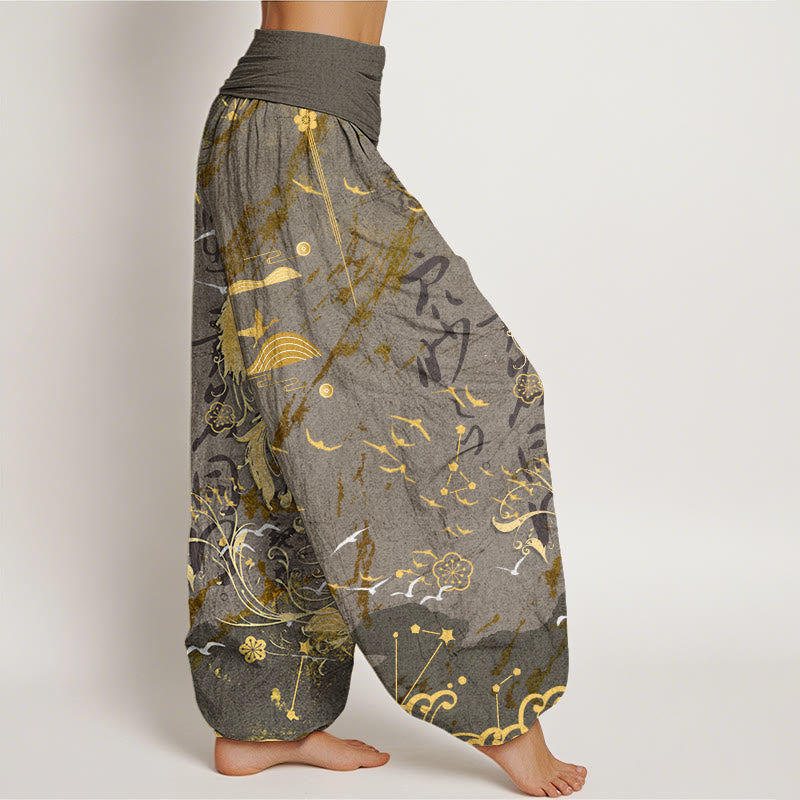Casual Phoenix Waves Calligraphy Pattern Women's Elastic Waist Harem Pants