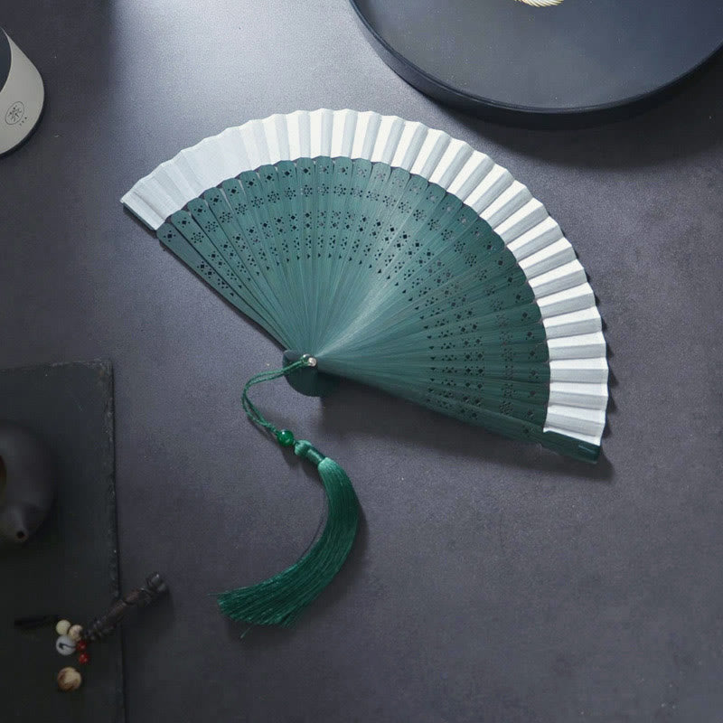 Flower Plain Handheld Polyester Tassel Bamboo Folding Fan 21cm