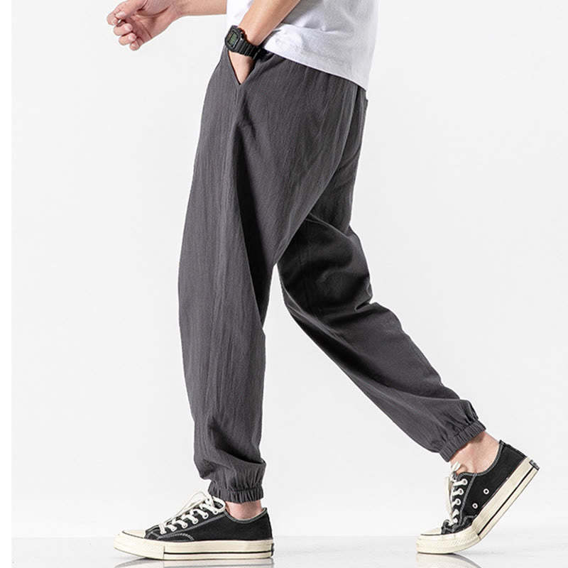 Solid Color Drawstring Cotton Men's Pants With Pockets