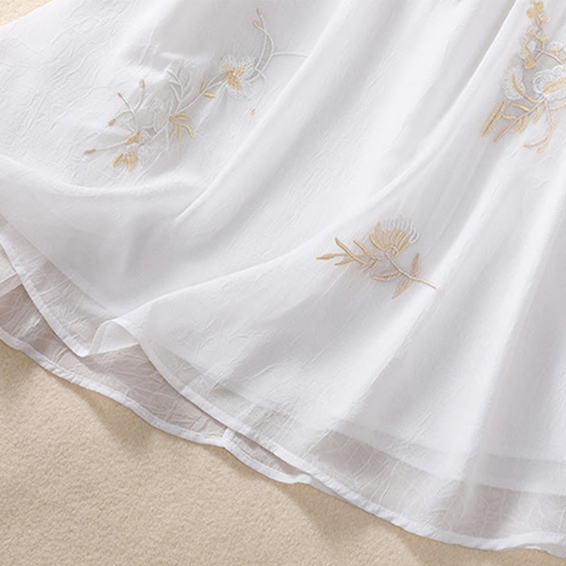 Embroidery Plants Flower Half Sleeve Plain Frog-Button Stand Collar Women's Shirt