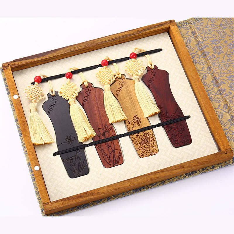 4Pcs Four Seasons Plum Orchid Bamboo Chrysanthemum Peking Opera Mask Wood Bookmarks With Gift Box