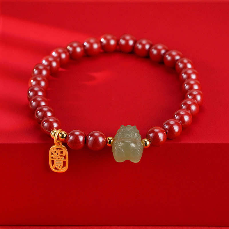 925 Sterling Silver Year of the Dragon Natural Cinnabar Hetian Jade Dragon Fu Character Ruyi As One Wishes Charm Blessing Bracelet (Extra 30% Off | USE CODE: FS30)
