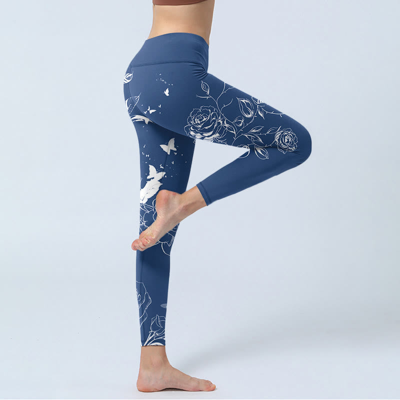 Blue Rose Butterfly Print Sports Leggings Women's Yoga Pants