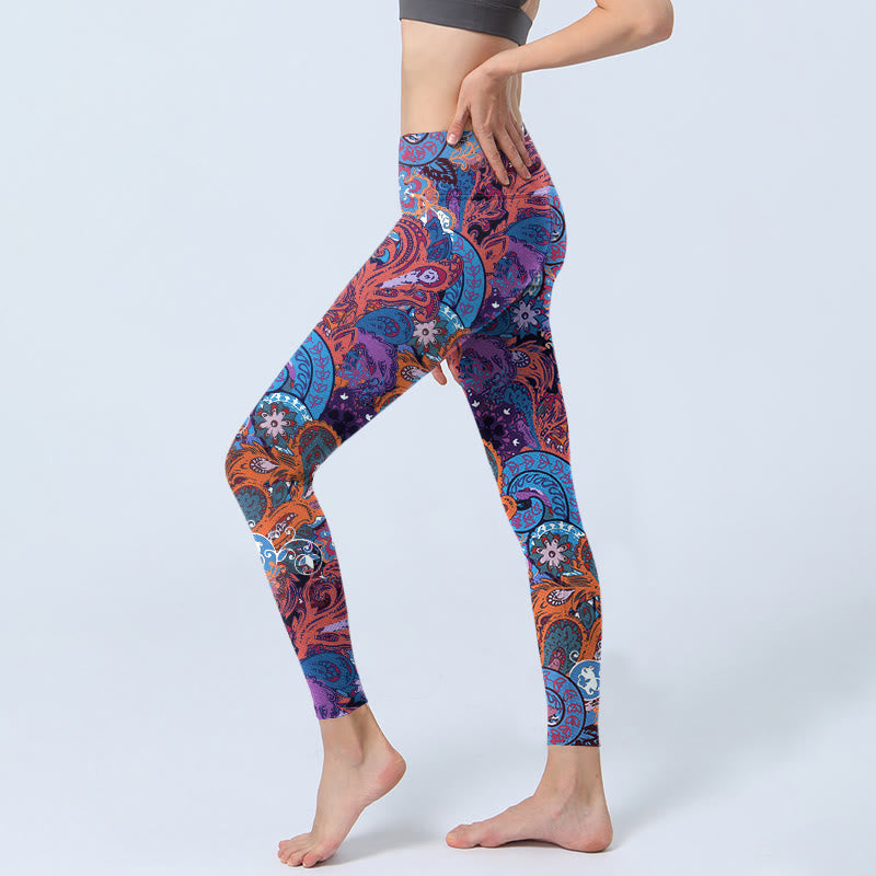 Colorful Floral Curly Grass Print Gym Leggings Women's Yoga Pants