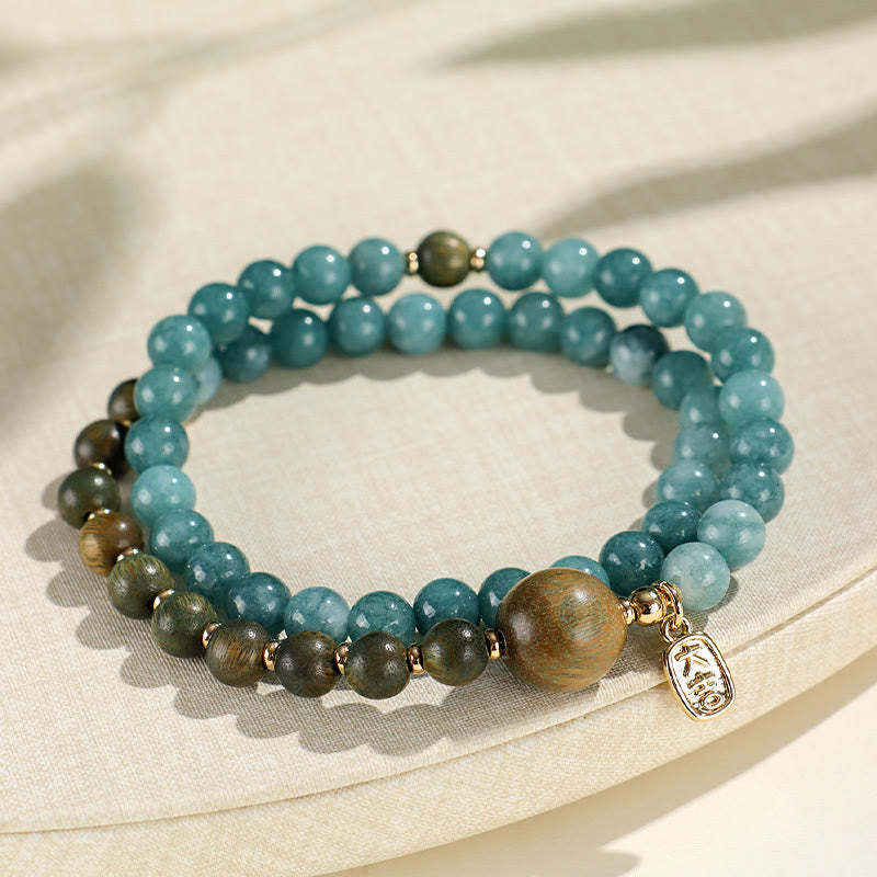 Blue Chalcedony Green Sandalwood Small Leaf Red Sandalwood Double Wrap Emotional Balance Bracelet