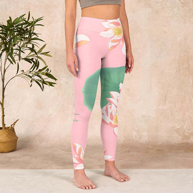 Pink Lotus Flower Leaf Print Gym Fitness Leggings Women's Yoga Pants