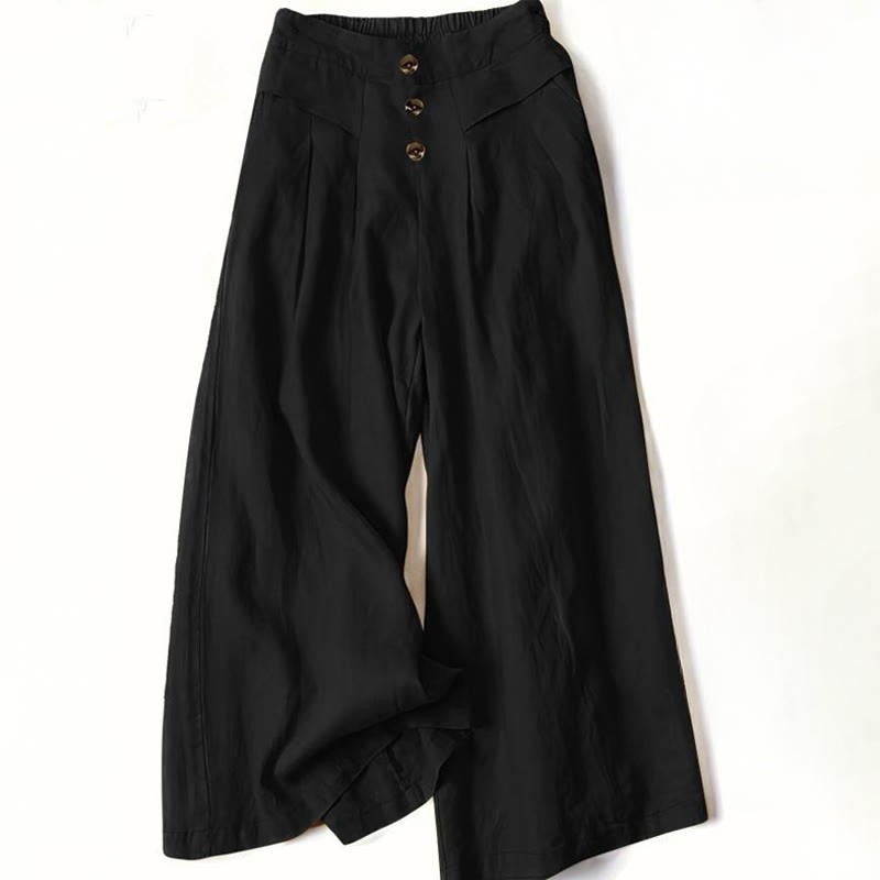 Retro Casual High Waist Cotton Linen Women's Wide Leg Pants With Pockets