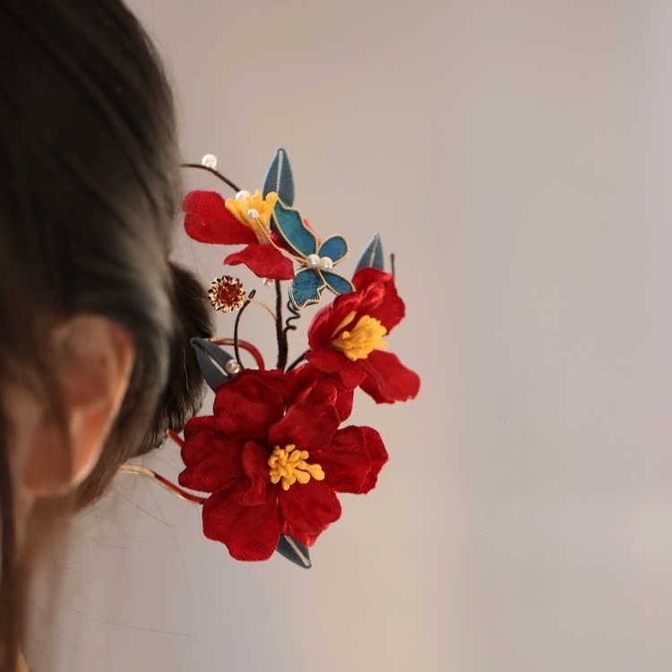 Chinese Wedding Red Flower Butterfly Hair Comb Hairpin Barrette