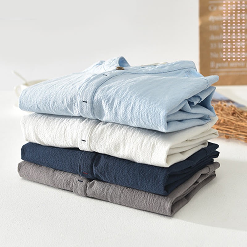 Solid Color Short Sleeve Half Button Shirt Cotton Linen Men Clothing