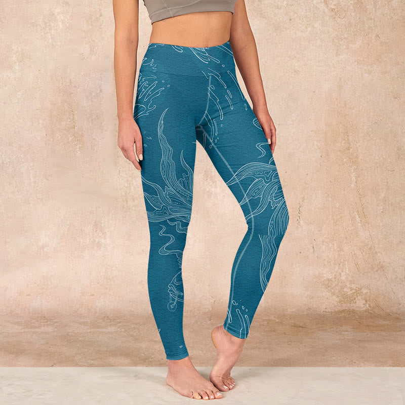 Blue Koi Fish Flowing Waves Print Gym Leggings Women's Yoga Pants