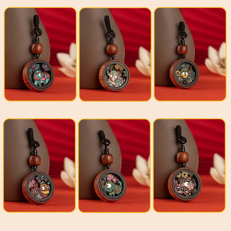 Year Of The Dragon Hand Painted Chinese Zodiac Rosewood Carved Calm Key Chain