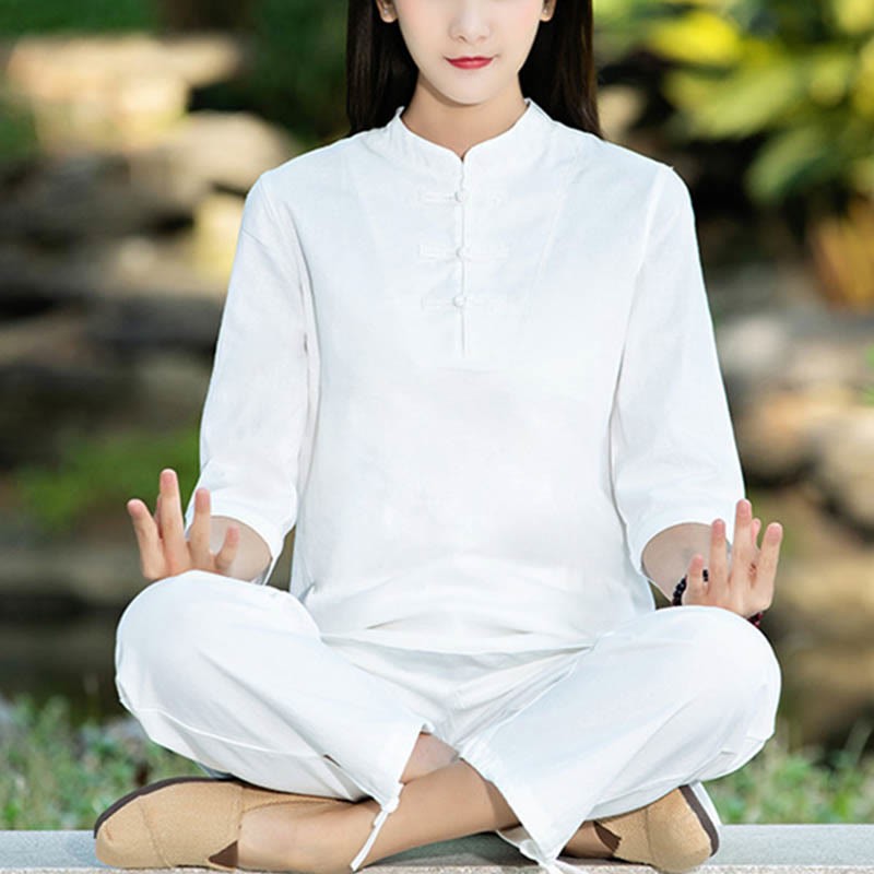 2Pcs Half Sleeve Shirt Top Pants Meditation Zen Tai Chi Cotton Linen Clothing Women's Set