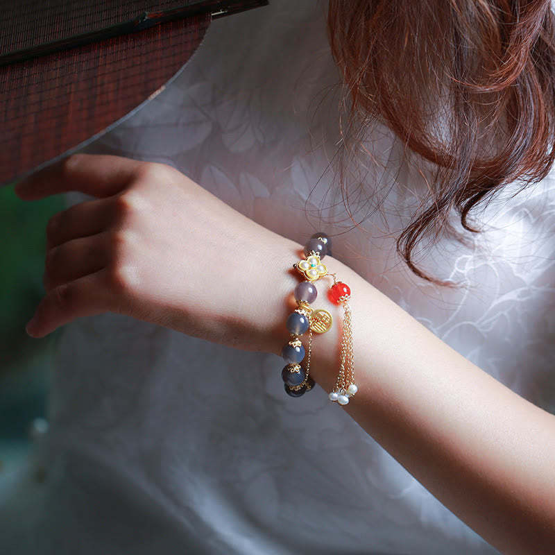 Natural Gray Agate Fu Character Pearl Tassel Balance Bracelet