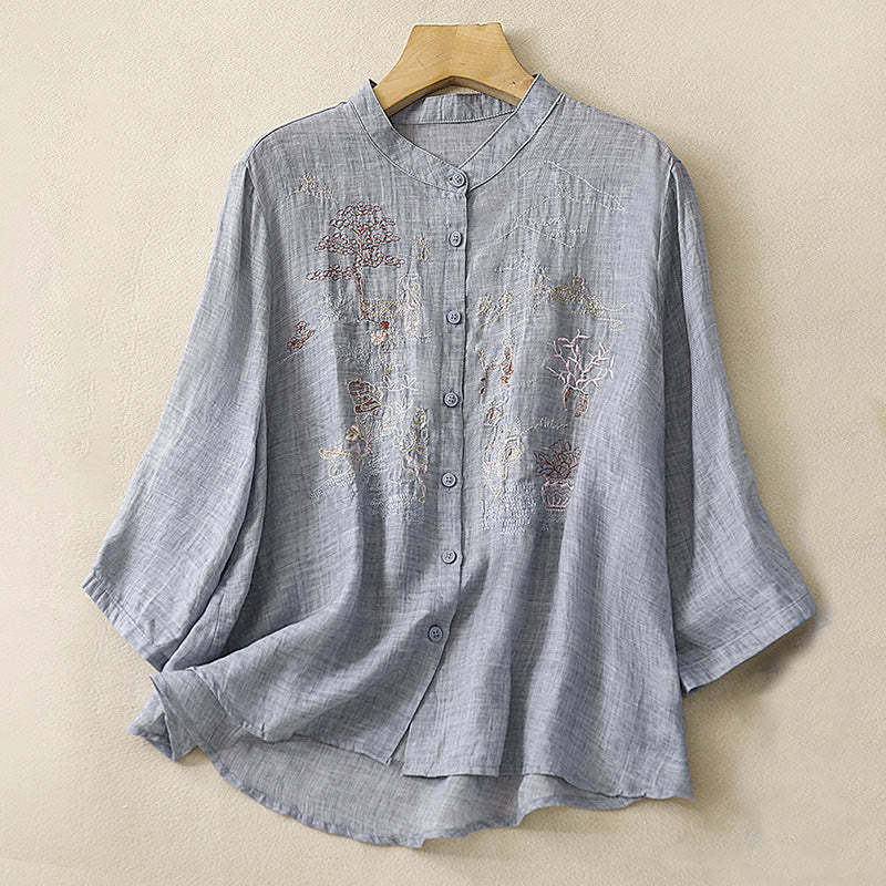 Casual Embroidered Plant Stand Collar Design Three Quarter Sleeve Women's Cotton Linen Shirt