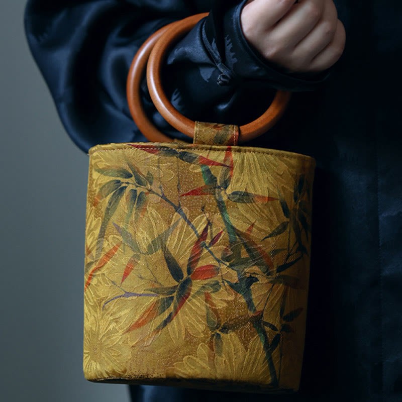 Bamboo Leaf Butterfly Cherry Blossom Persimmon Wood Handle Handbag