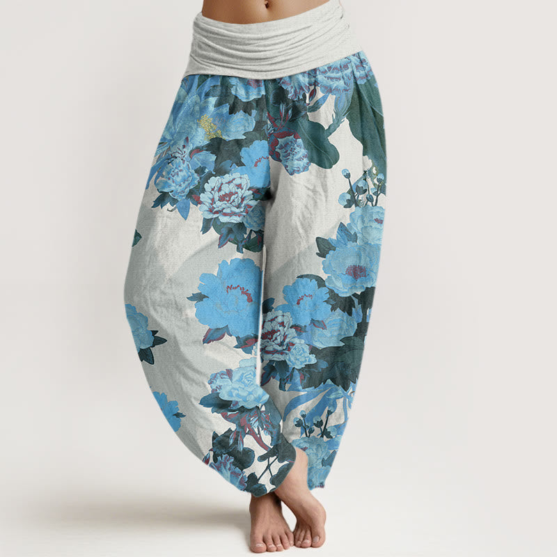 Casual Peony Lotus Leaves Pattern Women's Elastic Waist Harem Pants