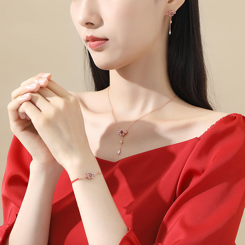 925 Sterling Silver Chinese Knotting Red Zircon Wealth Necklace Pendant Bracelet Earrings Set