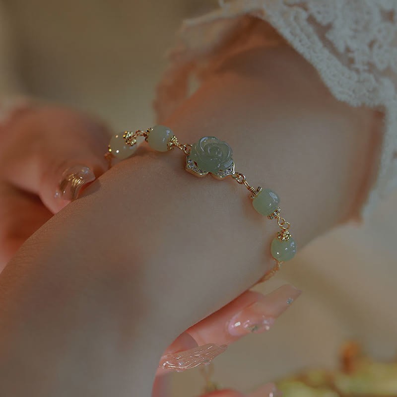 14K Gold Plated Hetian Jade Rose Flower Luck Chain Bracelet