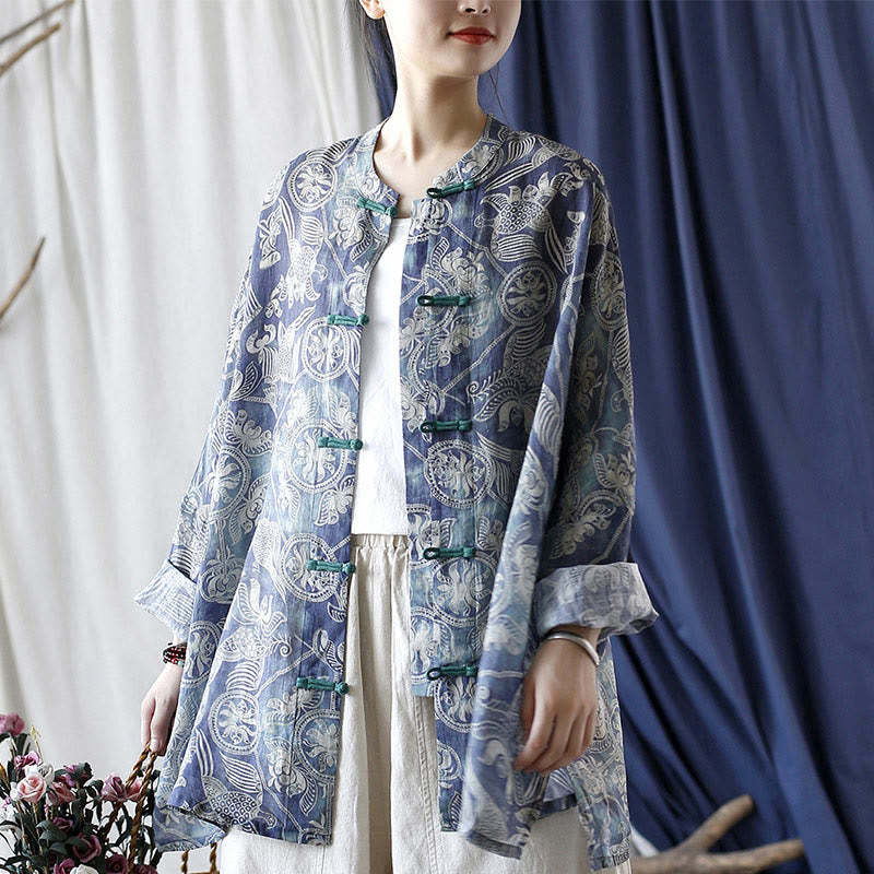 Birds Flowers Geometry Frog-Button Long Sleeve Ramie Linen Jacket Shirt