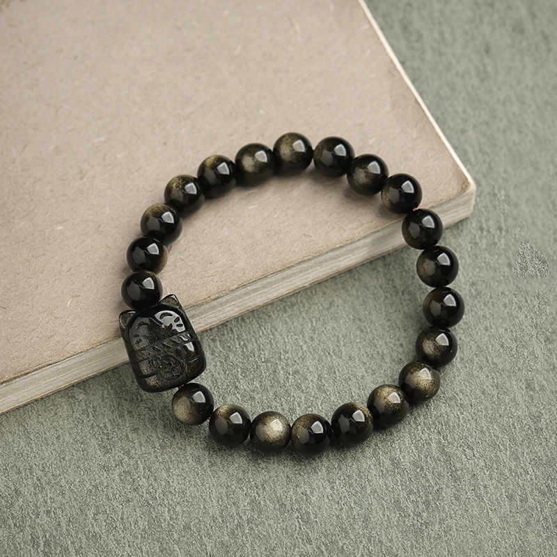 Gold Sheen Obsidian Silver Sheen Obsidian Lovely Paw Lucky Cat Protection Bracelet