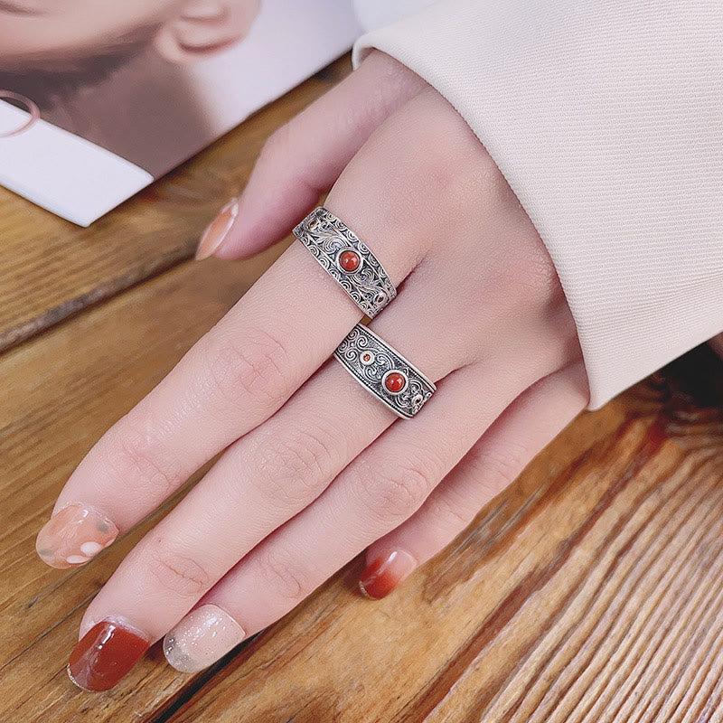 925 Sterling Silver Embedded Red Agate Auspicious Clouds Logical Thinking Ring