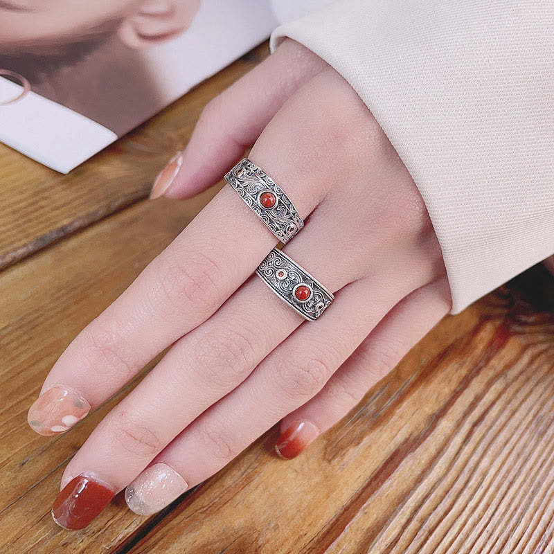 925 Sterling Silver Embedded Red Agate Auspicious Clouds Logical Thinking Ring