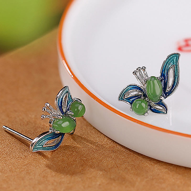 925 Sterling Silver Plated Gold Natural Cyan Jade Butterfly Luck Healing Earrings