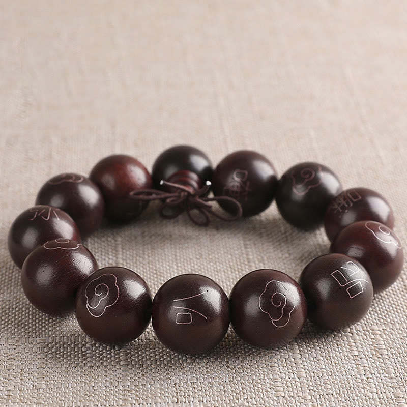 925 Sterling Silver Inlaid Small Leaf Red Sandalwood Om Mani Padme Hum Character Auspicious Clouds Protection Bracelet
