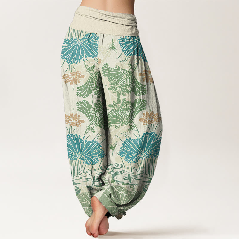 Lotus Leaves Flowers Design Women's Elastic Waist Harem Pants