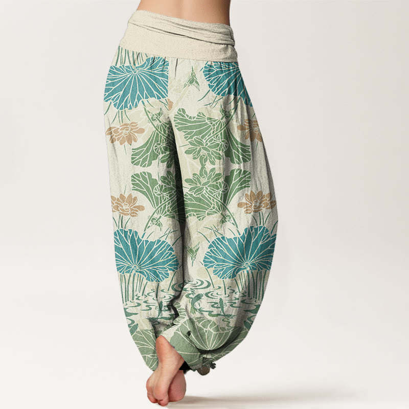 Lotus Leaves Flowers Design Women's Elastic Waist Harem Pants