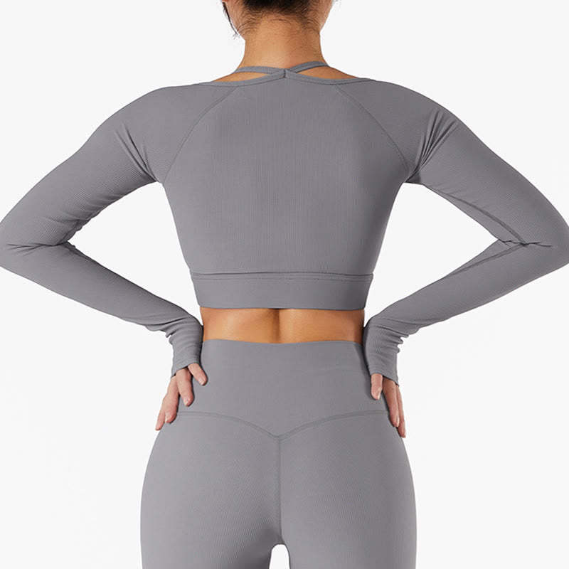 Ribbed Long Sleeve Crop Top T-shirt Shorts Sports Fitness Gym Yoga Outfits